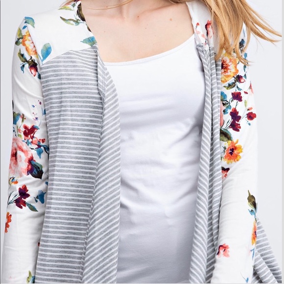 White Grey Floral Cardigan Shawl Striped Open - Picture 3 of 3